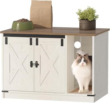 Hzuaneri Cat Litter Box Enclosure, Hidden Litter Box Cabinet Furniture with Bell, Indoor Cat House, Farmhouse Style, 31.5 x 19.7 x 20.9Inches, for Hallway, Bedroom, Rustic Brown and White CB82414X