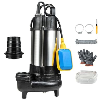 Sewage Grinder Pump, 1HP Submersible Sump Pump, 110V 6400GPH Cast Iron Effluent Pumps with Automatic Float Switch, 2'' NPT Discharge for Basement, Residential Sewage, Sump Basin