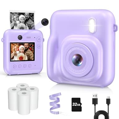 Kids Camera Instant Print, Dual-Lens 48MP Digital Camera for Christmas Birthday Gifts, 1080P Selfie Instant Cameras for Kids with 32GB Card, Print Digital Cameras for Girls Boys-Purple