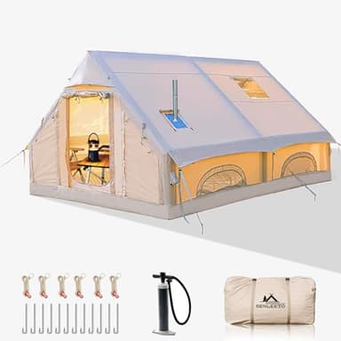 Inflatable Camping Tents 8-10 Person,129 Square Feets Large Inflatable Camping Tent with Stove Jack,Blow up Tent with Mesh Windows & Pump,Easy Setup 4 Season Glamping Tents Waterproof