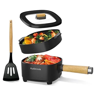 Audecook Hot Pot Electric 2L, Cermic Glaze Non-Stick Frying Pan 8 Inch, Portable Travel Cooker for Ramen/Steak/Fried Rice/Oatmeal/Soup, with Dual Power Control (Silicone Spatula Included)