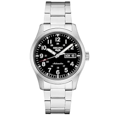 Seiko SRPG27 Automatic Watch for Men - 5 Sports - Black Dial, Day/Date Calendar, Luminous Hands & Numeral Markers, Stainless Steel, 100m Water-Resistant