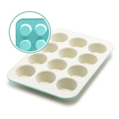 GreenLife 12-Cup Muffin Pan, PFAS-Free Healthy Nonstick Baking Tray, 11.4" x 1.9" x 15.9", Durable Ceramic Bakeware, Cupcakes, Egg Bites, Tarts, Brownies, Turquoise