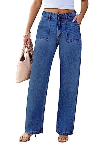 Womens Wide Leg Jeans High Waisted Carpenter Cargo Casual Flap Pocket Denim Women Straight Leg Jeans,Darkblue,US6