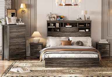 Merax 4-Pcs Queen Size Bed Frame Dresser Night Stand Bedroom Set, Platform with USB Charging Ports Storage Headboard & 1 x 5 Drawers Cabinet & 2 x Nightstands, Wooden, Antique Grey