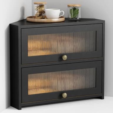 Goozii Corner Bread Box for Kitchen Countertop, Double Layer Large Breadbox for Counter Top, 2 Tier Wooden Farmhouse Homemade Bread Storage Container Holder Keeper for Cabinet (Black Bamboo Wood)