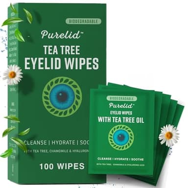 PURELID 100PCs Tea Tree Eyelid Wipes – Cleaning Eye Wipes for People with Dry Eyes & Allergies – Gentle Eyelid Cleanser with Hyaluronic Acid, Chamomile and Aloe – Individually Wrapped & Biodegradable