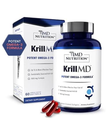 1MD Nutrition KrillMD - Antarctic Krill Oil Omega 3 Supplement with Astaxanthin, EPA, DHA | 2X More Effective Than Fish Oil | 60 Softgels