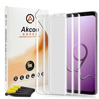 Akcoo Galaxy S9 Screen Protector [3 Pack], Tempered Glass UV Set, Full Screen Adhesive [Not Edge Glue], Crystal Clear [No Black Edges], Scratch Repair, Sensitive Touch