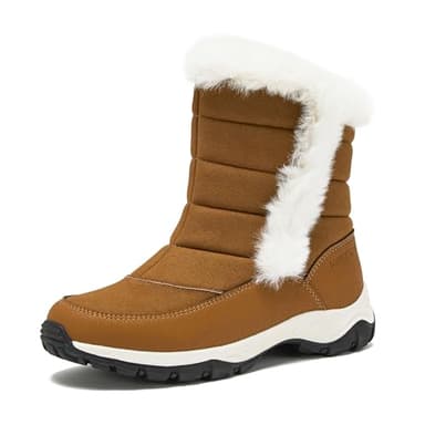 Lands' End Expedition Slip On Insulated Waterproof Winter Boots for Women, Puffer Fur Trimmed Hook & Loop Womens Boots, Medium or Wide Width Sizes 6 to 11, Black, Brown or White - Tan, 8 Medium
