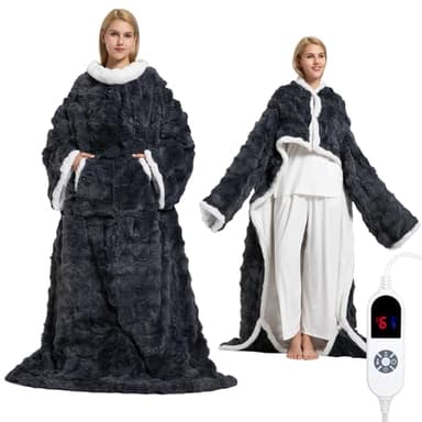 Wearable Heated Blanket, Luxury Faux Fur & Sherpa Electric Throw Blanket with Sleeves, Foot Pockets, Heated Robe for Women Men Gift, 3 Heat Levels & 12H Timer, ETL & FCC Certified, 52"x 72", Dark Grey