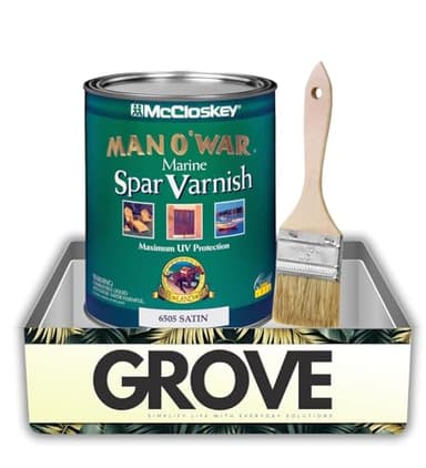 McCloskey Man O' War Satin Clear Marine Spar Varnish 1 qt Bundle with Flat Chip Brush – Marine Grade Polyurethane for Outdoor Wood Protection and Finish – Gift Set (2 Items)