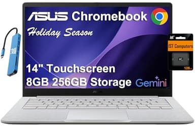 ASUS Chromebook CX14 Laptop (14" FHD Touchscreen, Intel Celeron N4500, 8GB RAM, 256GB Storage (128GB eMMC +128GB SD Card)) Home & Student, Webcam, Spill-Resistant, Wi-Fi, IST HUB, Chrome OS, CX1405CKA