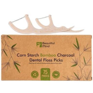 Natural Dental Floss Picks 75 Pack – Organic Biodegradable Floss Sticks with Strong Bamboo Charcoal Thread & Vegan Cornstarch Handle – No Plastics, No Artificial Flavours - Kraft Paper Box