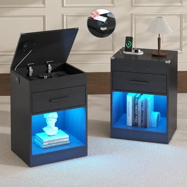 Black Nightstand Set of 2 with Charging Station, LED Night Stand with RFID Lock Cabinet, Wooden Bedroom Nightstand with Drawer, Smart Nightstand for Concealment, Modern Hidden Compartment Furniture