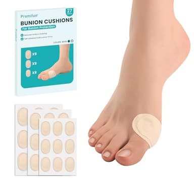 Promifun Bunion Pain Relief Pads to Wear with Shoes - 27 ct Bunion Cushion - Moleskin Protect Feet for Men and Women - Water-Resistant Self-Stick Adhesive (Multi-size)