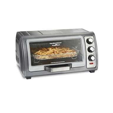 Hamilton Beach Air Fryer Toaster Oven Combo with Large Capacity, Fits 6 Slices or 12” Pizza, 4 Cooking Functions for Convection, Bake, Broil, Roll-Top Door, Easy Reach Sure-Crisp, Stainless Steel