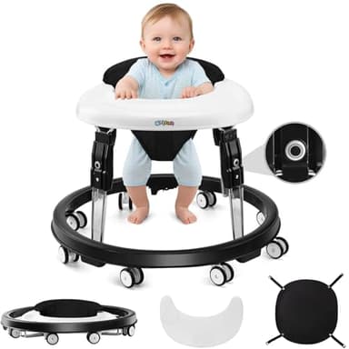 Wnttmt Baby Walker with Wheels, One-Touch Folding Baby Walkers with Height Adjustment, Large Dinner Plate and Brake, Walker for Baby Boy Girls 6-18 Months, Black