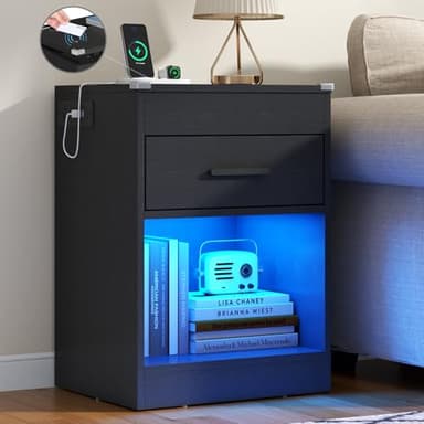 Gyfimoie Led Night Stand with Charging Station & RFID Lock Cabinet, Smart Nightstand for Bedroom, Wood Nightstand with Drawer and Open Storage, Modern Black Night Stand for Living Room