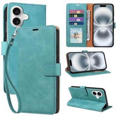 JHWVVTF for iPhone 16 Wallet Case,[RFID Blocking 4 Card Slots Holder] Soft PU Leather Folio Flip Cases,Wrist Strap,Shockproof Protective Stand Cover for iPhone 16 (Green)
