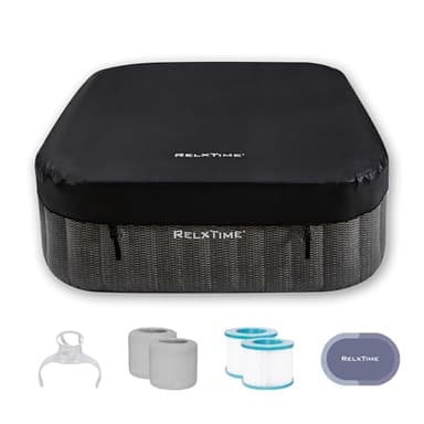 Inflatable Hot Tub Square, 4-6 Person Portable Hottub, Outdoor Spa with 130 Air Jets, Built in Heater Pump, Blow Up Tub for Relaxation, 2 Filters, Black