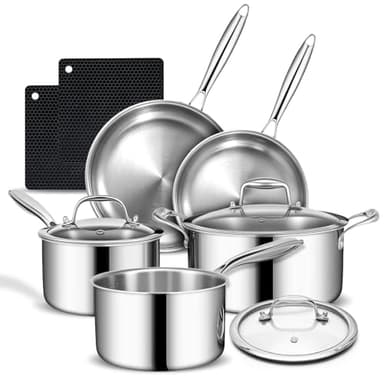 3 Ply Stainless Steel Cookware Set, AIVIKI 10-Pieces Pots and Pans Set, Induction Kitchen Cookware Set, Oven Safe to 500℉, Chef Quality Cooking Set w/Fry Pans, Saucepans, Dutch Oven, Kitchen Essential