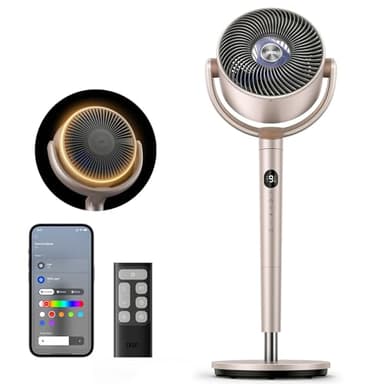 DREO Smart Fans for Bedroom, 120° +120° Omni-Directional Oscillating Fan, 100ft Quiet Pedestal Fan with RGB Light, 9 Speeds, 6 Modes, 20dB, 8H Timer, Wi-Fi/Voice, 37-42" Floor Fans, Starlight