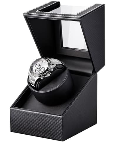 Watch Winder for Automatic Watches: Automatic Single Watch Winder Box with Japanese Quiet Motor, Rotating Watch Case in Black Carbon Fiber Leather, Gifts for Men Collectors