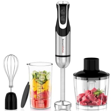 Bonsenkitchen 4-in-1 Immersion Blender Handheld with Food Processor, 12 Speeds Hand Blender with Turbo Mode, Stainless Steel Blade, Egg Whisk, Beaker & Chopper Bowl, Stick Mixer for Smoothie, Puree