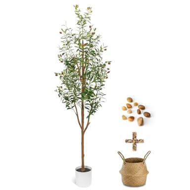 LuceAlberi 6FT Artificial Olive Tree - Indoor Tall Faux Olive Trees with Planter&Basket, Large Fake Olive Silk Tree Realistic Olive Plants with Branches and Fruits for Home Decor Office Living Room