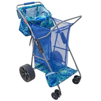 Tommy Bahama Wonder Wheeler Deluxe Folding Beach Cart, Portable Caddy for Towels and Beach Accessories, Stores 48-Quart Cooler & 4 Chairs, Blue