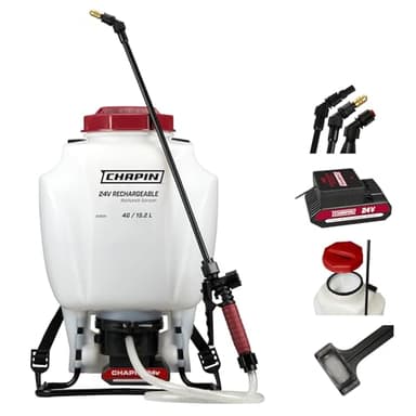 Chapin International 63924 4-Gallon 24V Extended Spray Battery Backpack Sprayer, with Adjustable Brass Nozzle, 1-Pack, Translucent White