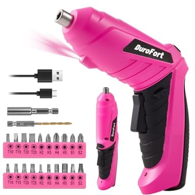 Durofort Pink Cordless Electric Screwdriver Set, 3.7V Rechargeable Small Electric Drill with 25pcs Driver Bit Set, Power 3Nm Screw Gun with 2 Position Handle, Flexible Shaft LED Light for Women