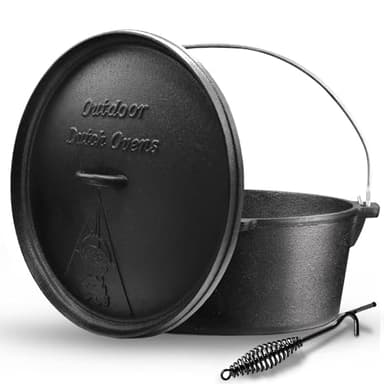 Camping Dutch Oven,12 Qt Pre-Seasoned Cast Iron Camp Dutch Oven Pot with Lid - Lid Lifter, Cast Iron Dutch Oven with Metal Handle for Cooking BBQ Baking Campfire Modern Black