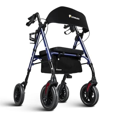 Flyingjoy Lightweight 4-Wheel Rollator Walker with Seat - Foldable Walker for Seniors, 8" Airless Tires, Adjustable Height, Storage Bag, 300 lbs Capacity, Indoor Outdoor, Post-Surgery & Daily Mobility