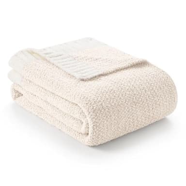 Snuggle Sac Buttery Ivory Throw Blanket for Couch, Reversible Super Soft Knitted Blankets, Warm Cozy Knit Fuzzy Plush Lightweight Throws Dupes for Sofa, Bed, Picnic, Ivory, 50 x 60 inches