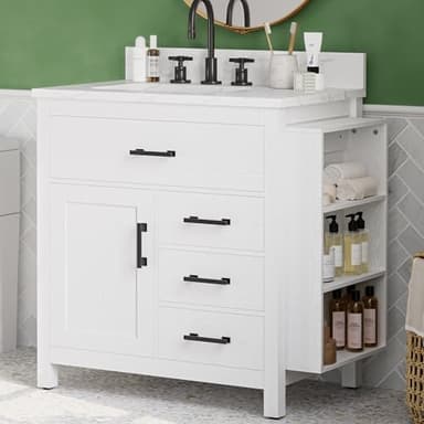 ANCTOR Bathroom Vanity 30 Inches with Sink and 4 Drawers and 1 Door Cabinet and 3 Extra Side Shelves, Easy Assembly Modern Bathroom Vanities Storage Cabinet with Adjustable Shelf, White