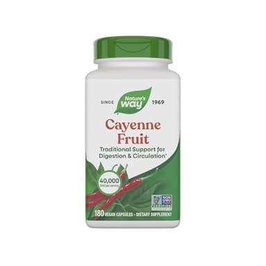 Nature's Way Cayenne Pepper Capsules, Traditional Digestion & Circulation Support*, Capsaicin, Non-GMO Project Verified, Gluten Free, 180 Vegan Capsules (Packaging May Vary)