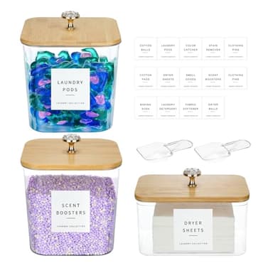 POLRAI 3 Pack Laundry Room Organization Storage Containers Acrylic Laundry Pod Containers and Dryer Sheet Holder with Lids and Labels for Laundry Detergent Laundry Pods Dry Sheet Organizing
