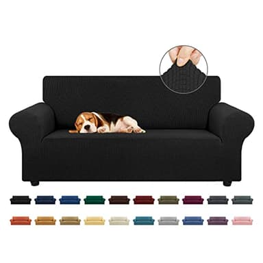 KEKUOU Stretch Loveseat Sofa Cover Slipcover,Couch Covers for 2 Cushion Couch Sofa (55"-78") Furniture Protector Sofa with Elastic Bottom for Kids,Dog. Jacquard Small Checked (Medium,Black)