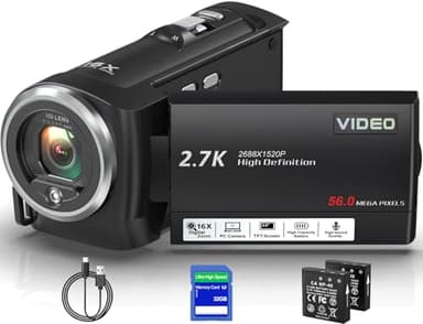 Muitune Camcorder Video Camera QHD 2.7K 56MP 16X Digital Zoom Vlogging Camera with LED Fill Light for YouTube, 2.8 Inch 270 Degree Rotation LCD Screen Camcorder with 32GB SD Card and Two Batteries