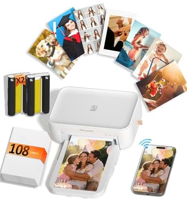 HPRT CP4100 4x6 Photo Printer with 108 Sheets & 2 Ribbons, Full-Color Thermal Dye Sublimation Wi-Fi Printing, Portable Instant Picture Printer for iPhone/Android, AR Video, Fun App, Home Use, White