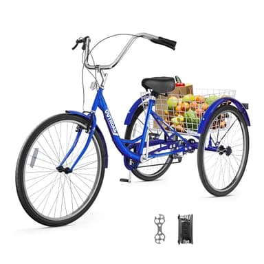 Outroad Adult Tricycle, 24/26 inch 7 Speed Cruiser Trike, 3 Wheel Bikes with Large Basket for Seniors, Women, Men, Adult Trikes for Shopping Picnic Outdoor Sports, 24 inch Blue