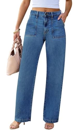 Womens Wide Leg Jeans High Waisted Carpenter Cargo Casual Flap Pocket Straight Leg Jeans for Women,MediumBlue,US10