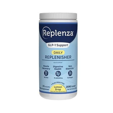 Replenza Daily Replenisher GLP-1 Nutritional Support, Powder, Muscle Recovery, Digestive Health & Skin Elasticity Mix of Amino Acids, Prebiotics and Collagen Peptides – Lemon Flavored, 30 Scoops