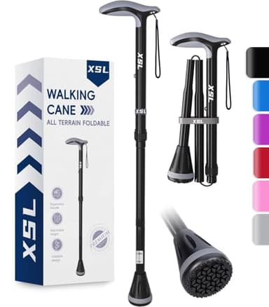 XSL Walking Cane - Foldable, Adjustable, Collapsible Walking Canes for Men & Women, Heavy Duty All Terrain Tip, with Travel Bag | Portable Walking Sticks for Seniors & Adults (Black)