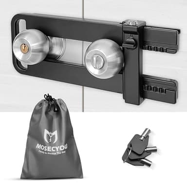 MOSECYOU Double Door Locking Device, French Door Lock Security Barricade, Keyed Extra Door Lock for Doors with Double Handles/Knobs/Levers, All Metal Construction, Safety U-Shaped Bar Prevent Kick Ins