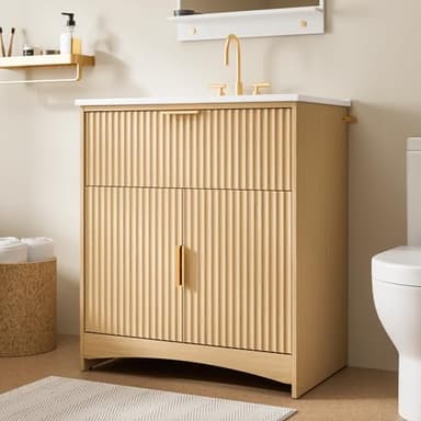 Amada 30″ Bathroom Vanity with Ceramic Sink, Modern Undermount Vanity Sink Cabinet with 2 Doors and 1 Drawer, Fluted Free Standing Bathroom Storage Cabinet with Sink Combo Set, Natural Oak