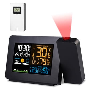 Weather Station with Alarms Projection Clock, Indoor Outdoor Thermometer with WWVB Function, Temperature Humidity Weather Forecast Station with Adjustable Backlight for Bedroom Ceiling