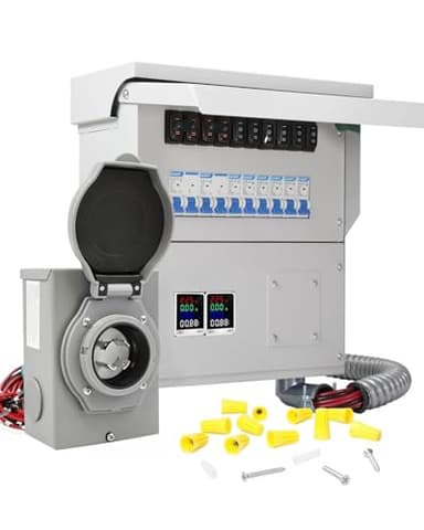 Upgraded 30A 10 Circuit Transfer Switch with 2 Digital Display Energy Meter with L14-30p Optional Power Inlet, IP 67 Waterproof, Pre-Wired, Transfer Switch Suitable for Indoor and Outdoor Use (2025)